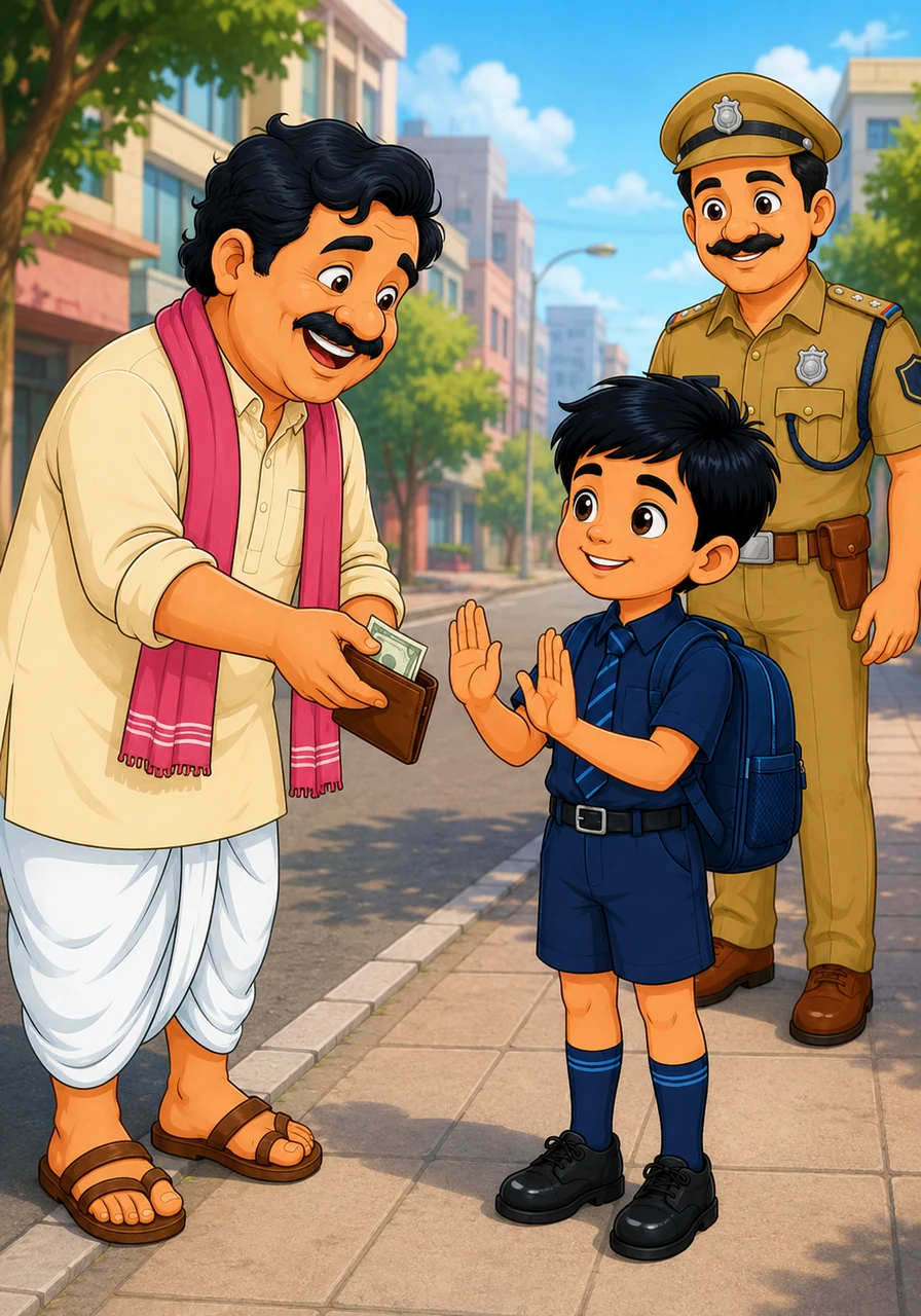 તે માણસ ખૂબ ખુશ થયો અને તેણે આદરપૂર્વક રાહુલનો આભાર માન્યો. તેણે રાહુલની પ્રામાણિકતાથી પ્રભાવિત થઈને તેને ઇનામ આપવા માટે ખિસ્સામાંથી પૈસા કાઢ્યા. પરંતુ રાહુલે નમ્રતાથી ના પાડી દીધી અને કહ્યું કે મેં તો માત્ર મારી ફરજ બજાવી છે.