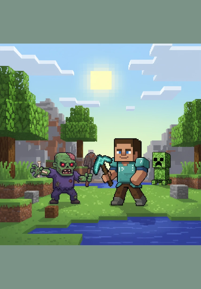 Steve lives in a vibrant world where everything is made of colorful blocks. He spends his morning gathering wood and stone to build a cozy little house on the hill.