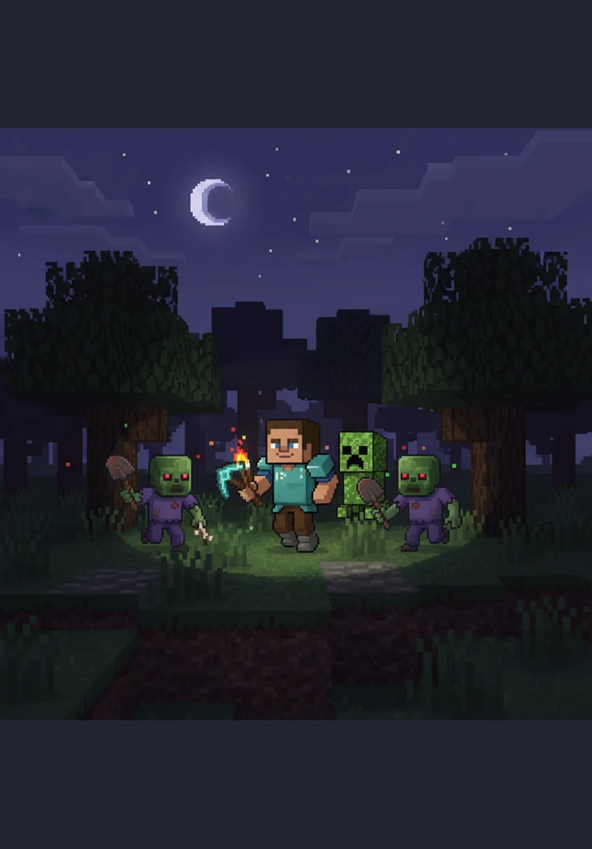 As the sun begins to set, the sky turns a deep shade of orange and purple. Steve knows that the darkness brings danger, so he quickly finishes his roof and lights a few torches.