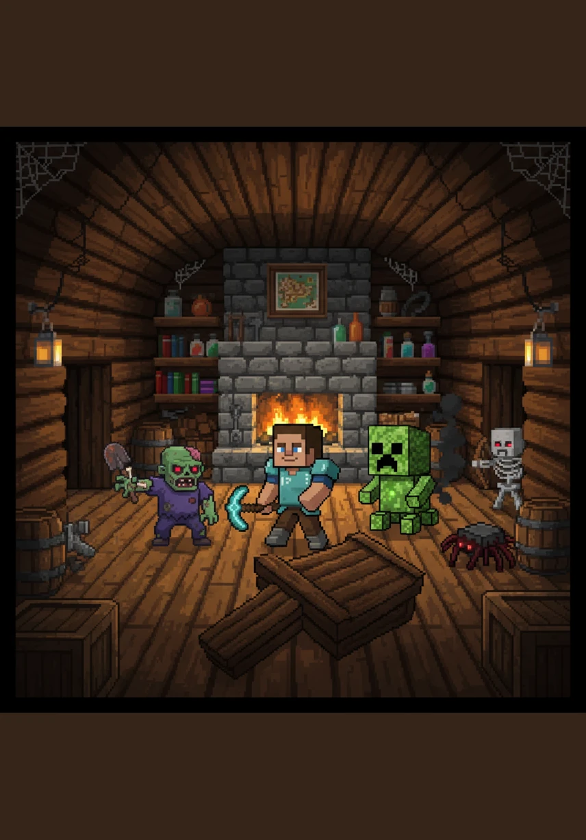 Steve realizes he needs a better way to defend himself and rushes inside his home. He opens his wooden chest and pulls out some spare planks and sticks he gathered earlier.