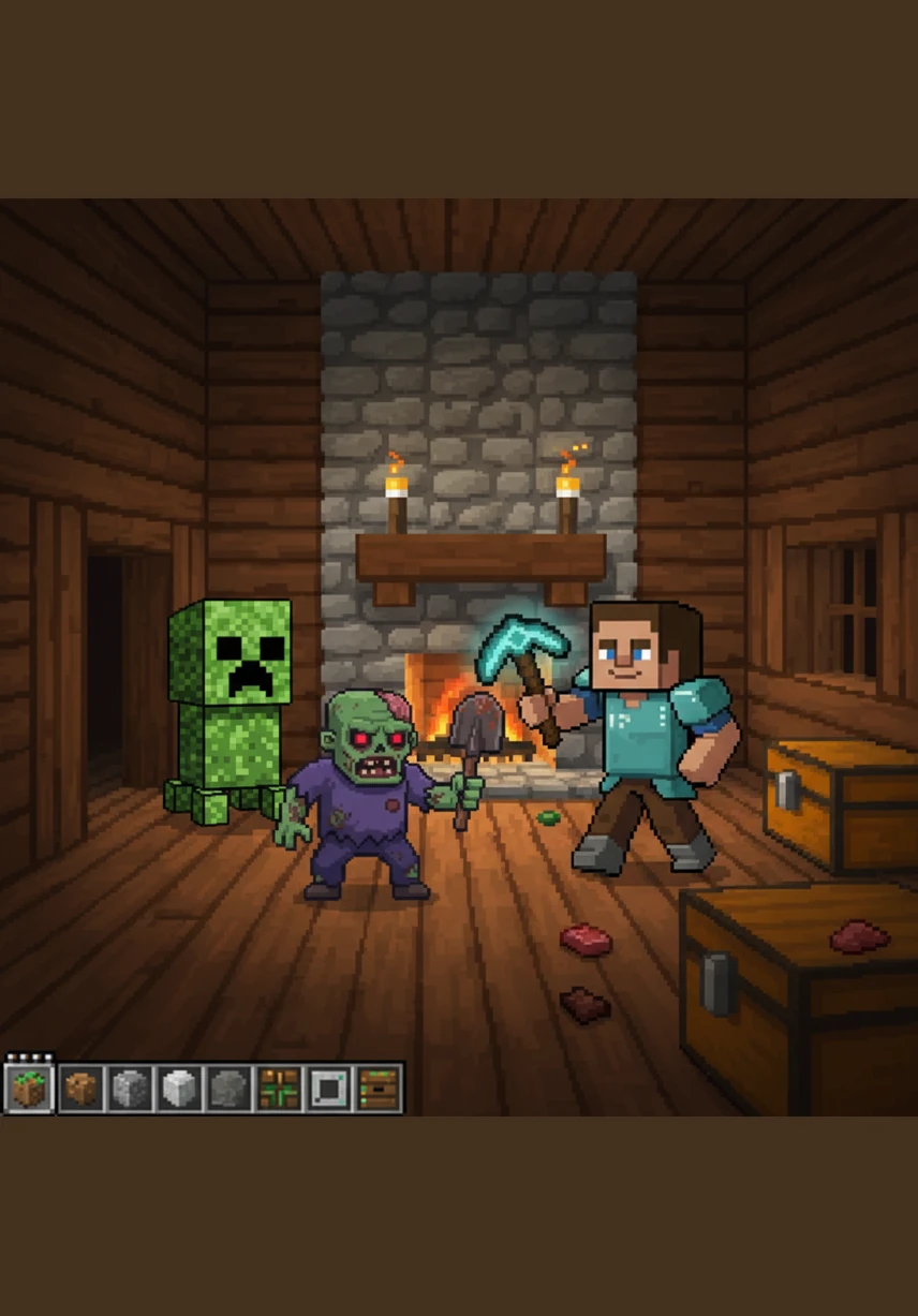 The zombies reach the front door, scratching at the wood with their blocky hands. Steve takes a deep breath, grips his sword tightly, and prepares to face the monsters outside.