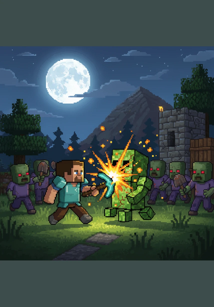 Steve leaps out into the cool night air, swinging his sword with all his might. The zombies are slow, but there are many of them, surrounding him in the tall grass under the moonlight.