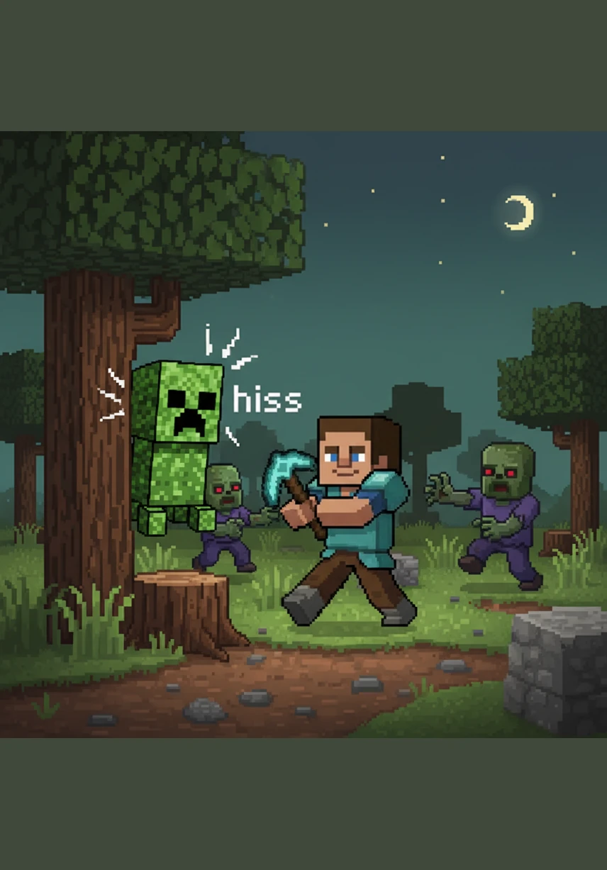 Suddenly, a sharp hissing sound comes from behind a nearby tree, signaling the arrival of a sneaky creeper. Steve must move fast to avoid the explosion while still keeping the zombies at bay.