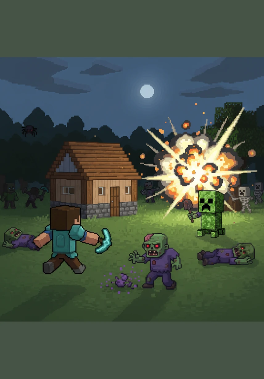 With a final, powerful strike, Steve defeats the last of the zombies and jumps back just as the creeper explodes safely away from his house. The night finally grows quiet as the remaining monsters retreat into the shadows.