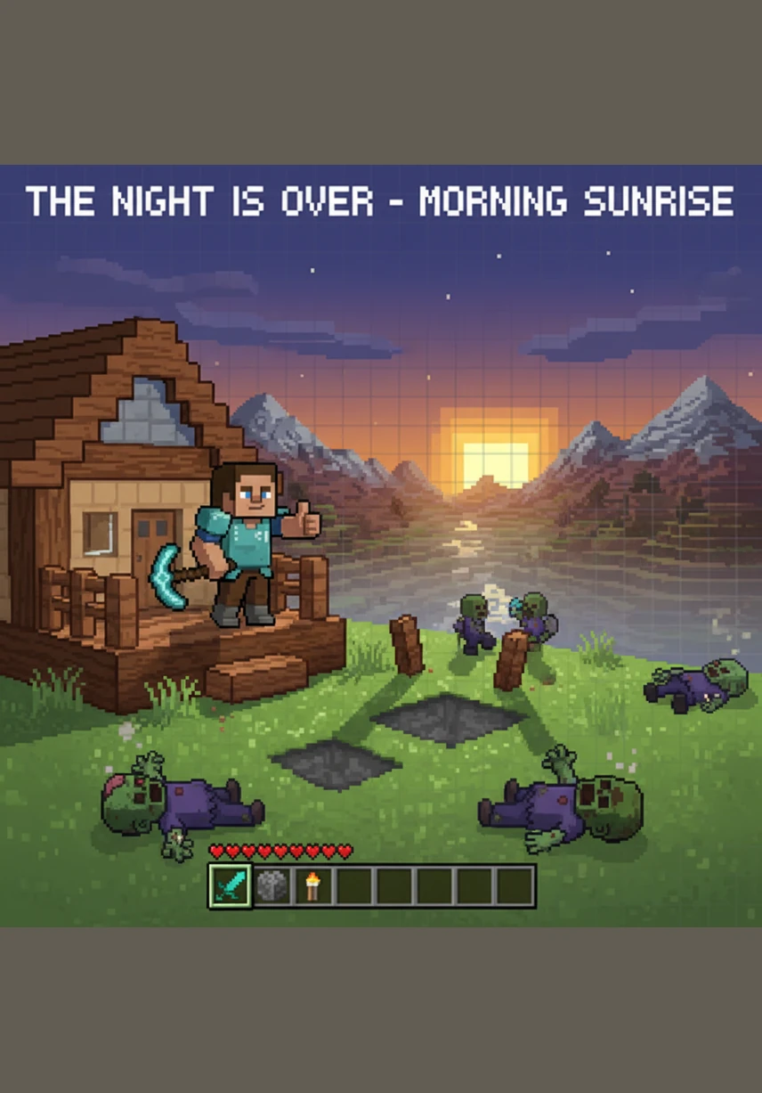 The first rays of the morning sun peek over the horizon, turning the last zombies into smoke and dust. Steve stands tall on his porch, watching the beautiful sunrise and feeling proud of his brave survival.