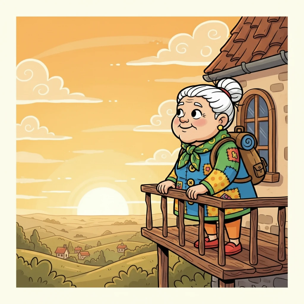 Sofia, com seus cabelos grisalhos e olhos cheios de histórias, observa o horizonte. Ela está parada na varanda de sua antiga casa, a despedida sendo amarga e doce ao mesmo tempo. A vida parecia um livro com o último capítulo escrito, mas um novo começo a esperava.