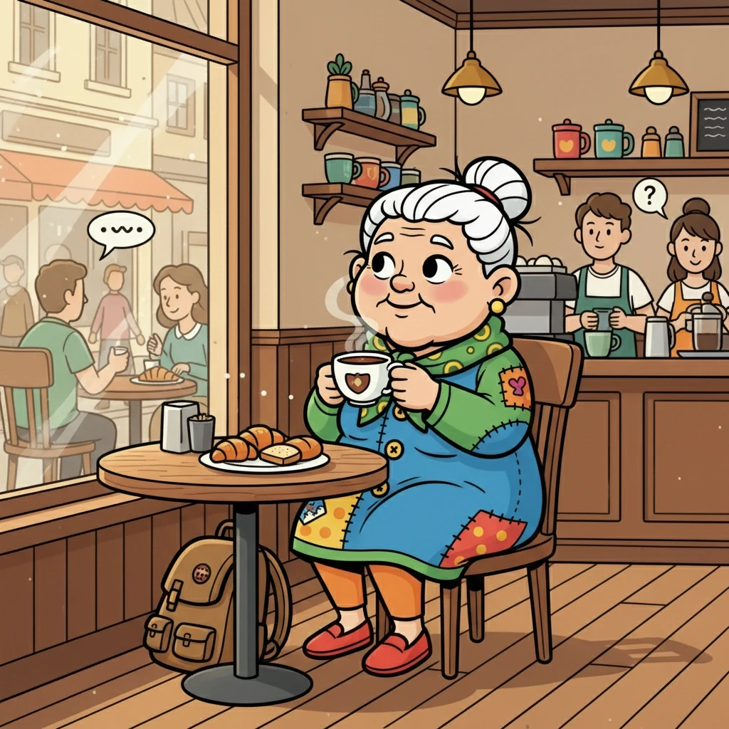 Ela visita um café aconchegante, onde saboreia um café forte e observa as pessoas ao redor. A conversa animada, o cheiro de café e pão fresco criam uma atmosfera acolhedora. Ela se sente parte daquele novo mundo.
