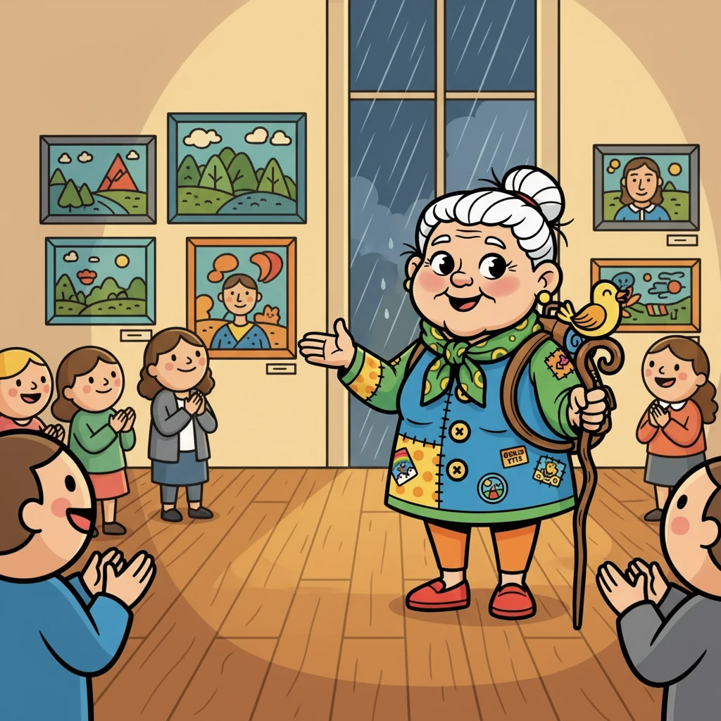 Em uma noite chuvosa, Sofia participa de uma exposição de arte, onde expõe suas pinturas. A emoção toma conta dela ao ver suas obras apreciadas pelo público. Ela sente orgulho de sua jornada.