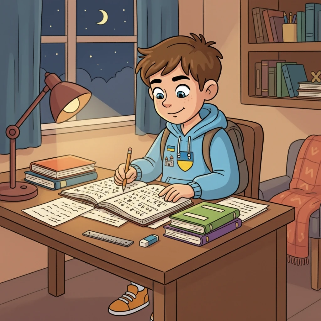 Ввечері, вдома, Тарас сидів за столом, розв'язуючи задачі з математики. Він зосереджено рахував та відчував радість від розуміння складних речей.