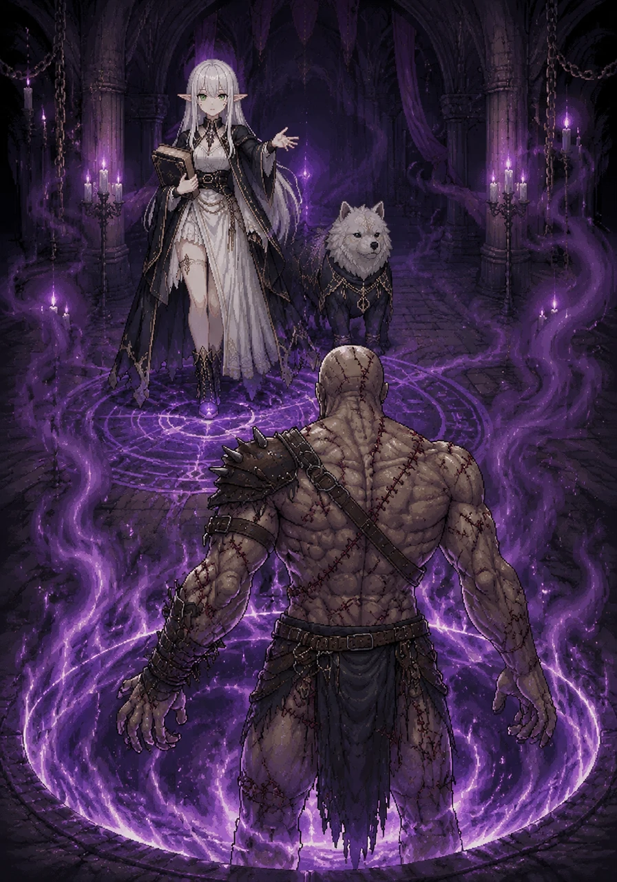 Queen Morgana summons Erierf, a terrifying hunter from another dimension with stitched skin, a dark mouth twisted into a horrifying smile, and unsettling eyes. She commands this monstrous tracker to hunt down Cristal and her mystical companion across the parallel lines.