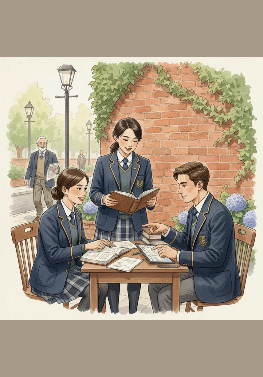 Near a quiet corner, students from prestigious local schools discuss their studies with focused determination and bright smiles. The neighborhood’s strong commitment to education and high standards is evident, highlighting a culture that deeply values knowledge and the success of the next generation.