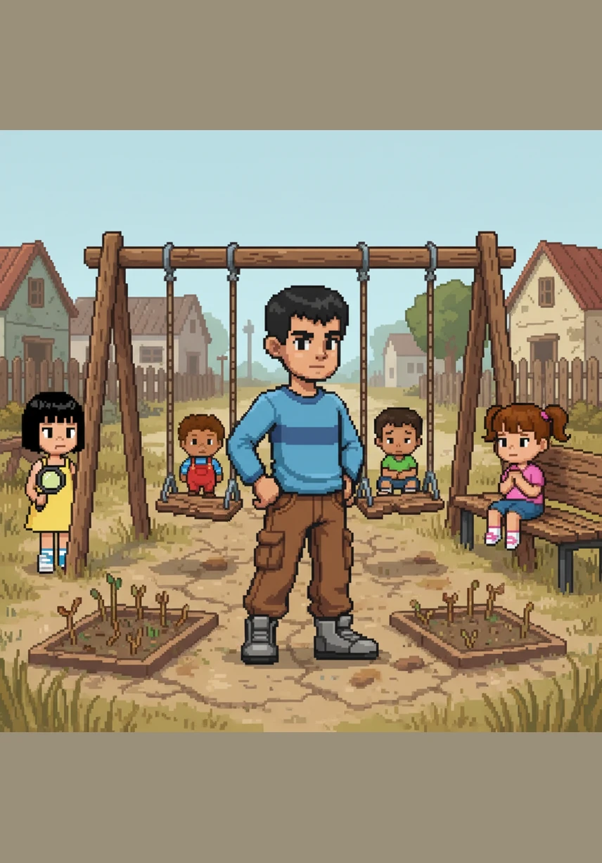 Bat stood in the center of the village, looking at the old, broken swings and the dusty ground where a garden used to be. He realized that the children had nowhere safe to play and decided it was time for a change.