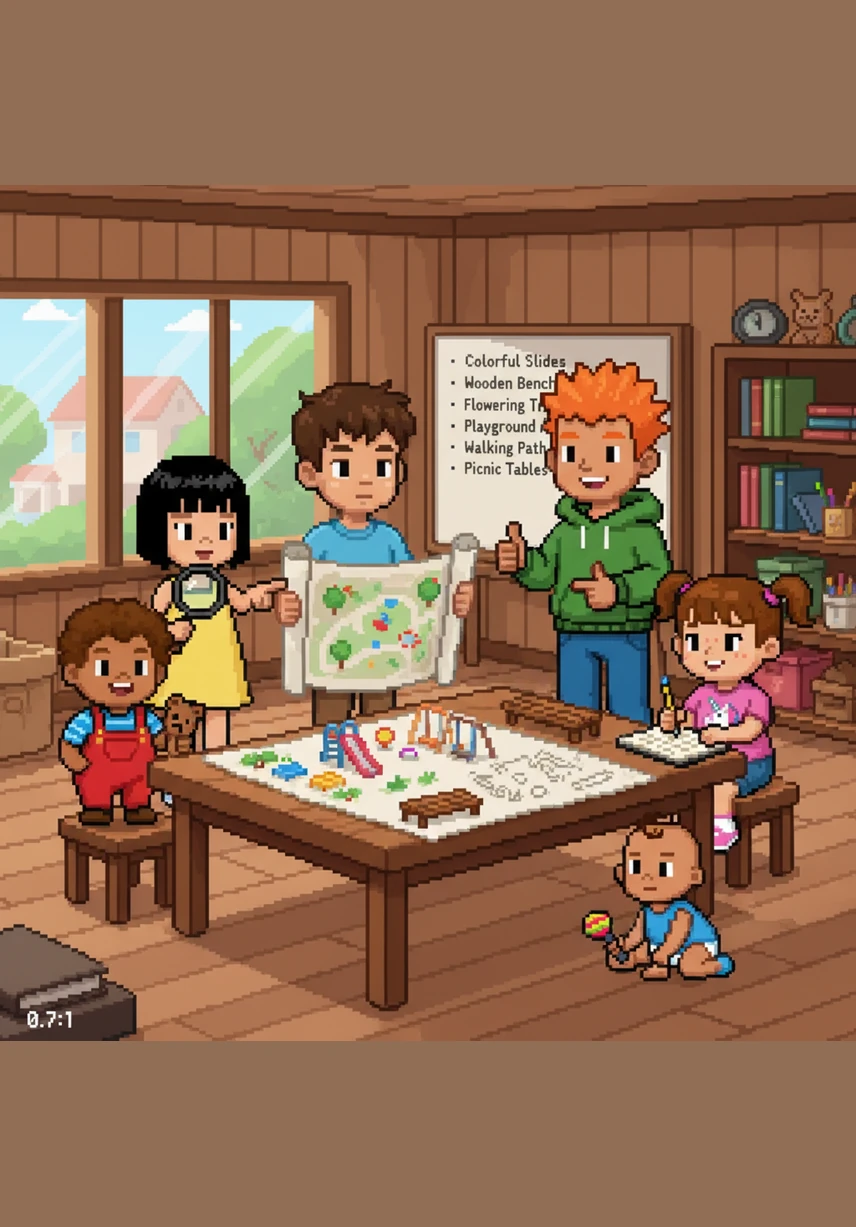 Bat called a meeting with his friends to start a professional project proposal for a new, vibrant community park. They began by listing everything they would need, from colorful slides and sturdy wooden benches to beautiful flowering trees.