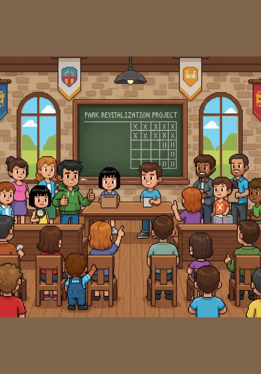 The council members and the citizens cast their votes to decide which projects would be funded by this year's local budget. Bat watched the tally marks grow on the board, hoping that his neighbors believed in the project as much as he did.