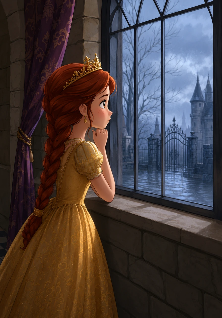 Princess Eleanor stood by the grand window of Rosewood Castle, staring out through the cold iron gates. She wore a beautiful gown of spun gold, but her heart felt heavy and lonely. Her red hair was tucked into a perfect, tight braid, and she wished more than anything that she could choose her own dress and her own adventures.