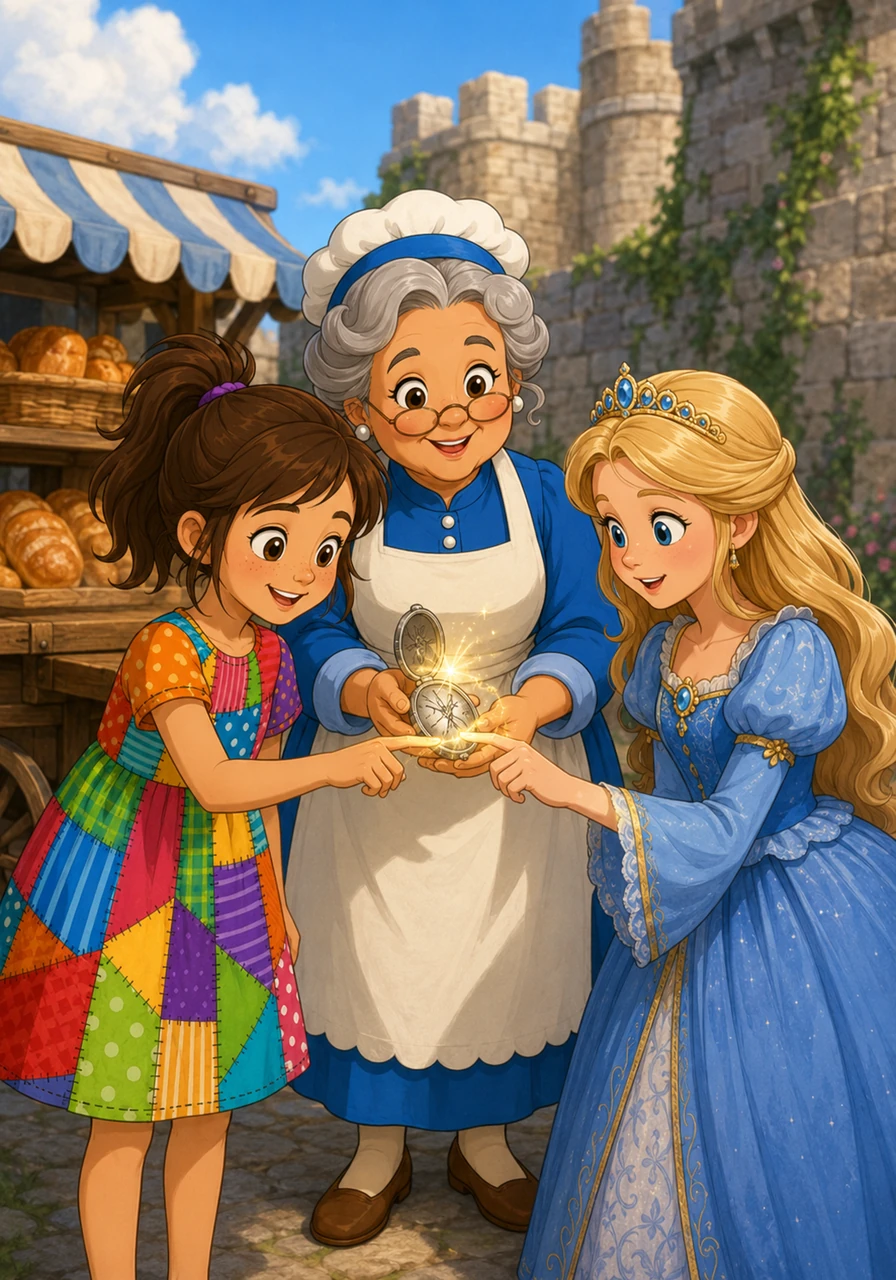 One sunny afternoon, Mrs. Finch the baker called both girls over to her wooden cart just outside the castle wall. Smiling warmly, the kind baker handed them a cracked silver locket that shimmered with an unusual, soft glow. As Eleanor and Molly touched the cold metal together, a magical spark danced around their fingers, and they whispered a shared wish to see the world through each other's eyes.