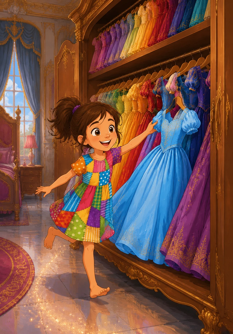 With a soft flash of light, the magic worked, and Molly woke up inside a bedroom larger than her entire house. She stood in front of a giant wardrobe filled with hundreds of beautiful dresses in every color of the rainbow. Breaking into a wide smile, Molly skipped past the stiff velvet gowns and joyfully chose a bright, sky-blue dress that reminded her of the open summer sky.
