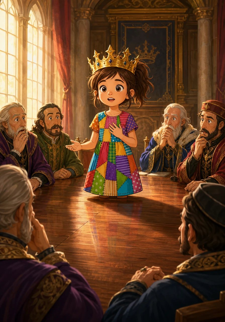 Later that afternoon, Molly sat at the long, polished council table wearing the heavy golden crown. When the royal advisors complained about the townspeople, Molly stood up tall and bravely asked why the hard-working bakers and flower girls were never invited to speak. Her kind words surprised the lords, making them think about the people outside the gates for the very first time.