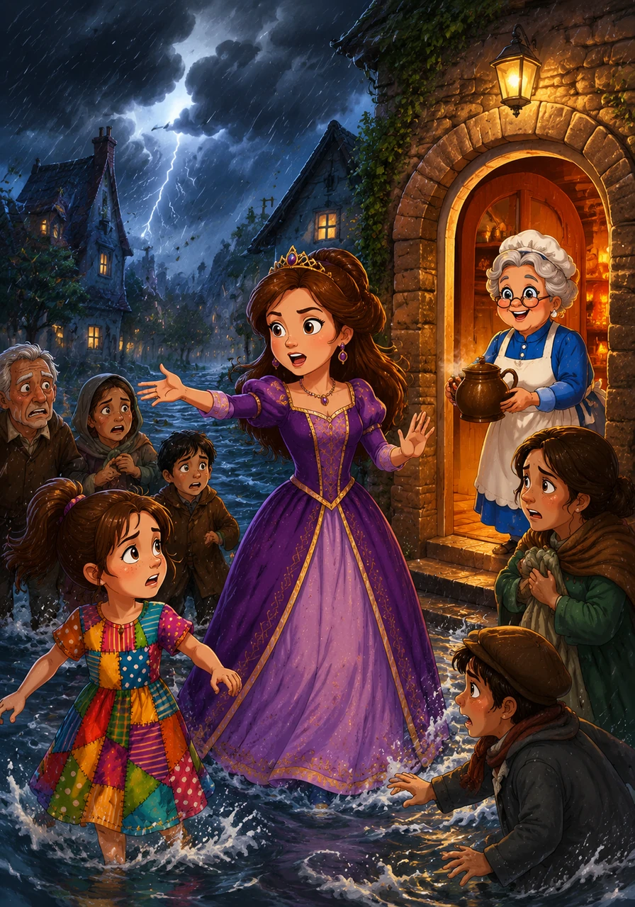 Suddenly, dark clouds rolled in and a fierce storm battered the village with howling winds and heavy rain. Eleanor used her calm, regal voice to gather the frightened townspeople and lead them away from the flooding streets. Remembering the layout of the kingdom, she safely guided everyone into the sturdy, warm bakery where Mrs. Finch was waiting with hot tea.