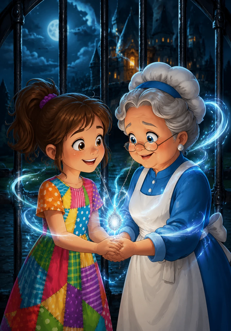 As the clock began to strike midnight, Eleanor and Molly rushed back to the castle gates just as the storm cleared. Holding hands through the iron bars, they watched the silver locket glow one last time, gently swirling their spirits back into their own bodies. They were exhausted but filled with a deep, new understanding of each other's lives.