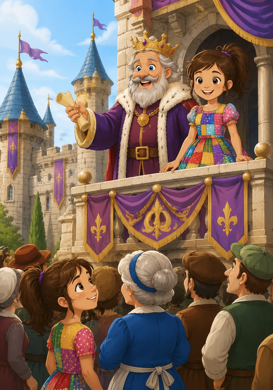 The next morning, the King announced three new rules for the kingdom, promising that the royal council would always listen to the needs of the townspeople. Princess Eleanor stood proudly by her father's side, wearing a dress she had chosen all by herself. Down in the courtyard, Molly smiled up at her, knowing their magical day had changed the whole kingdom for the better.