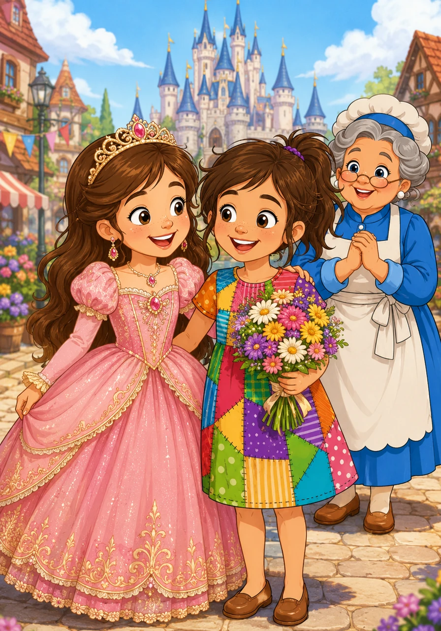 From that day on, Eleanor kept her hundreds of dresses but frequently visited the bustling town square to play. Molly happily kept her one patched dress and her beautiful flowers, but she was always a welcomed guest at the grand castle. The two girls became inseparable best friends, proving that the best magic in the world is turning 'you and me' into 'us'. Happily ever after. The End.