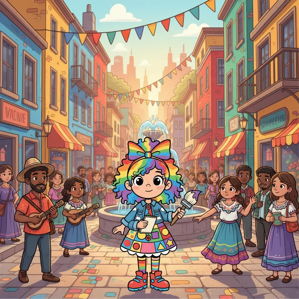 Lia, uma menina curiosa de cabelos cacheados e olhos brilhantes, adorava explorar o mundo. Ela vivia em uma cidade vibrante, cheia de pessoas de diferentes culturas e origens. Lia amava desenhar e sonhava em usar sua arte para fazer o mundo um lugar melhor.