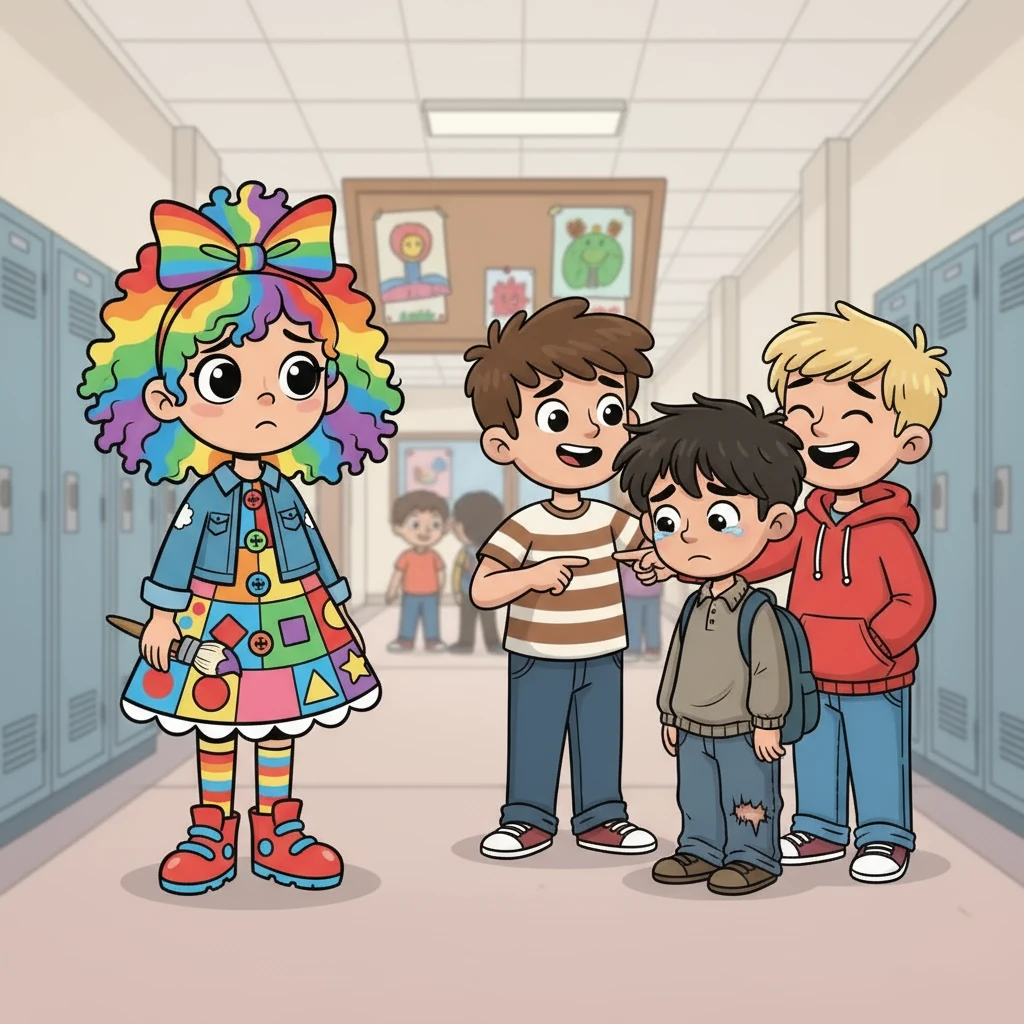 Um dia, na escola, Lia testemunhou um ato de bullying. Um colega estava sendo alvo de comentários maldosos por causa de suas roupas e sotaque. Lia sentiu uma pontada de tristeza e decidiu que precisava fazer algo.