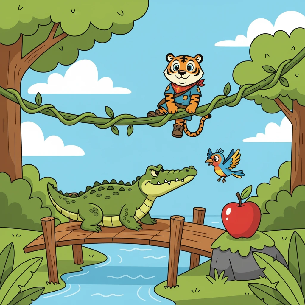 Their first challenge came in the form of a grumpy, giant crocodile guarding a bridge. Dengkis, with his quick wit, distracted the crocodile while Tepok, using his agility, found a safe way to cross. They worked together, their teamwork a beacon of hope.