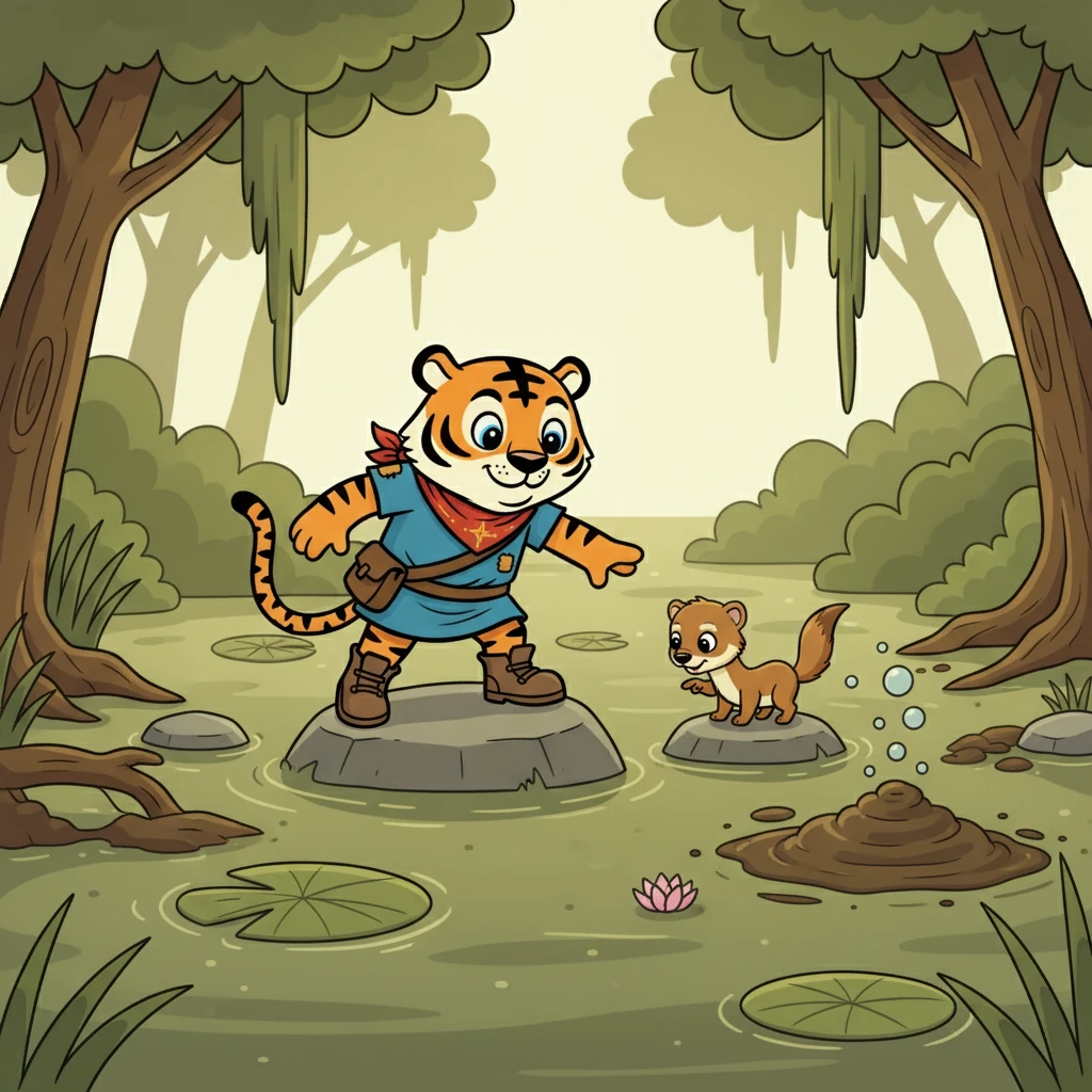 Next, they encountered a treacherous swamp filled with quicksand. Dengkis, remembering his mother's teachings, carefully tested each step. Tepok, with his keen sense of smell, sniffed out the safest path. They navigated the swamp together, helping each other.