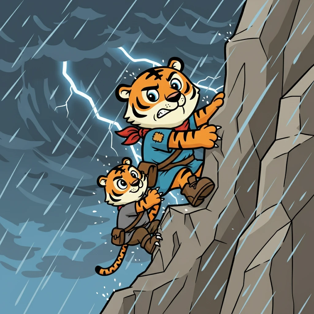 As they climbed a treacherous mountain, a fierce storm erupted, threatening to blow them off the cliffside. Dengkis, battling the wind, held onto Tepok, while Tepok used his strong claws to grip the rocks. They persevered, clinging together.