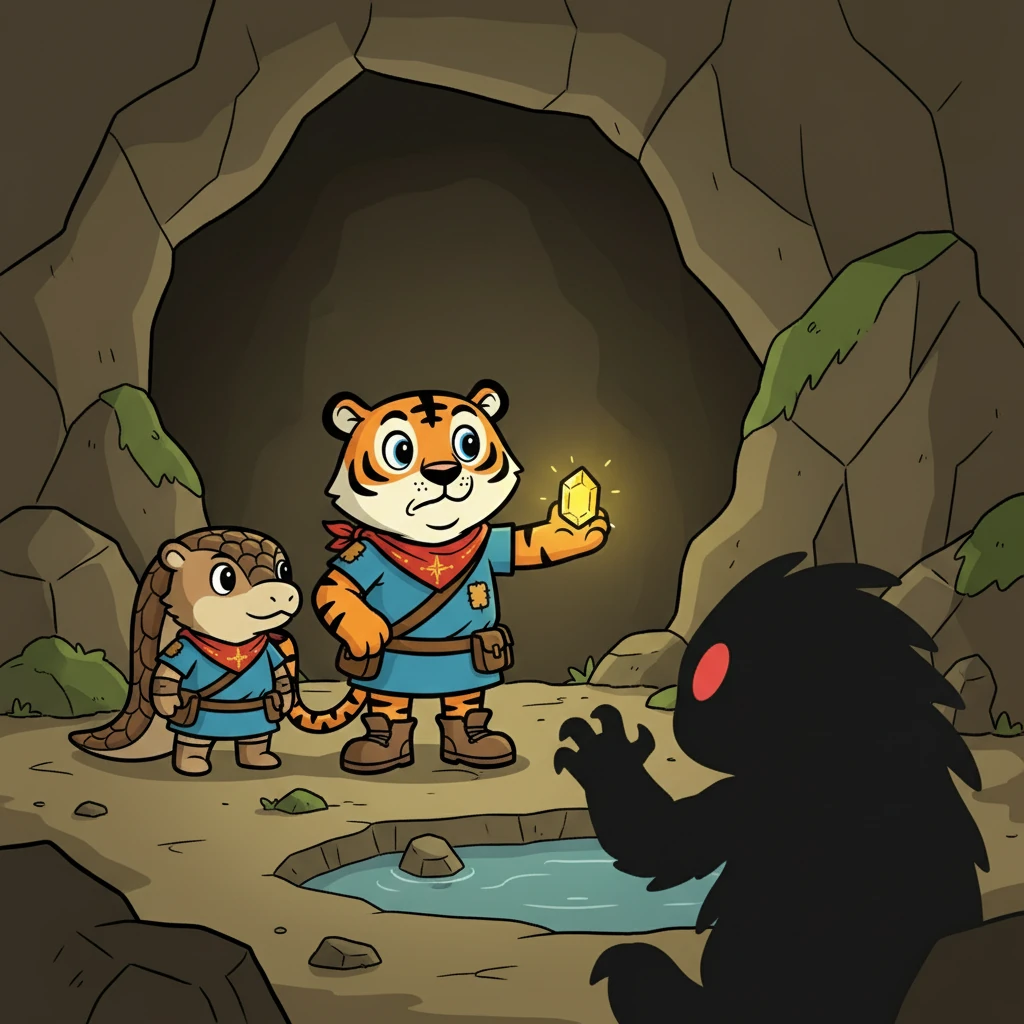 Finally, they reached the hidden cave where the Sunstone was said to reside. Inside, they faced their greatest challenge: a fearsome, shadowy beast. Dengkis, although scared, stood firm. Tepok, finding courage he didn't know he had, stood by his side.