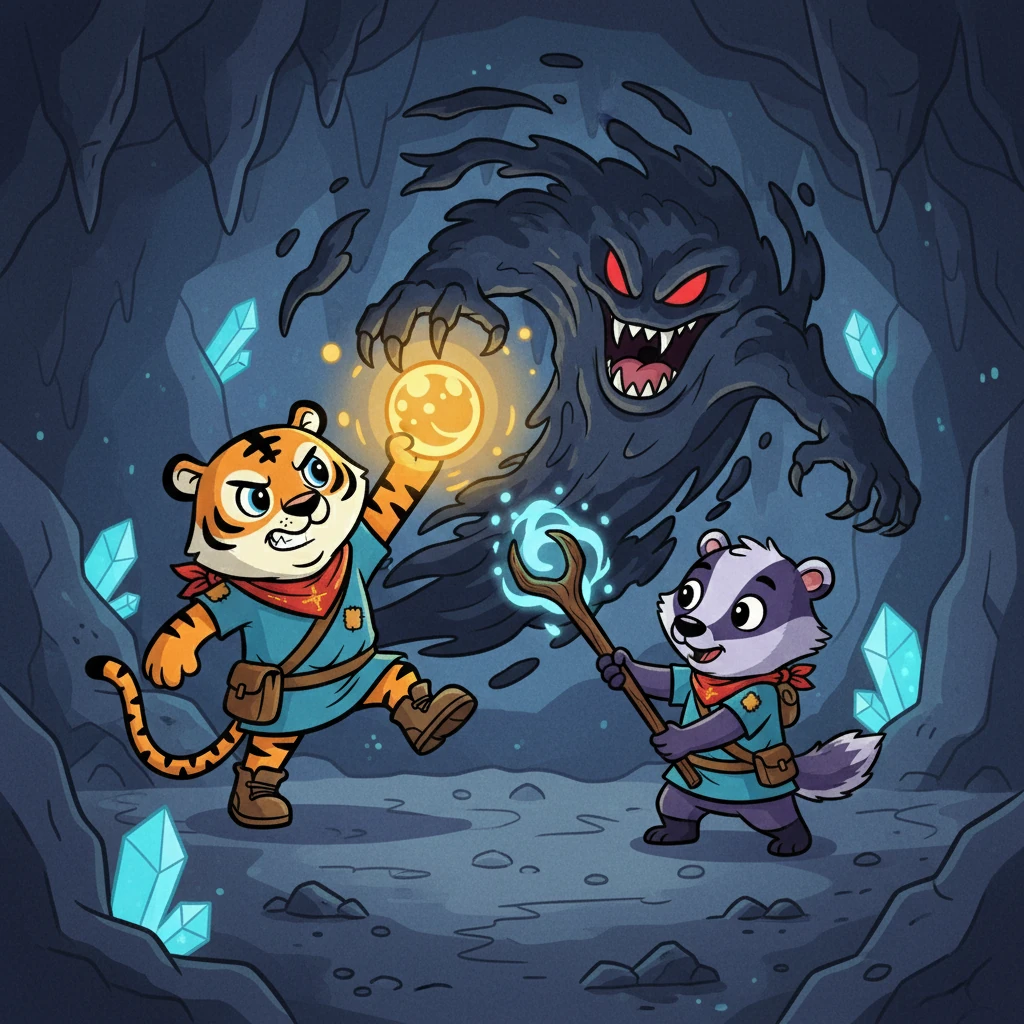 Together, Dengkis and Tepok fought the shadowy beast, their combined strength and courage illuminating the cave. They realized that their friendship was their greatest weapon. With a final roar, they vanquished the darkness.