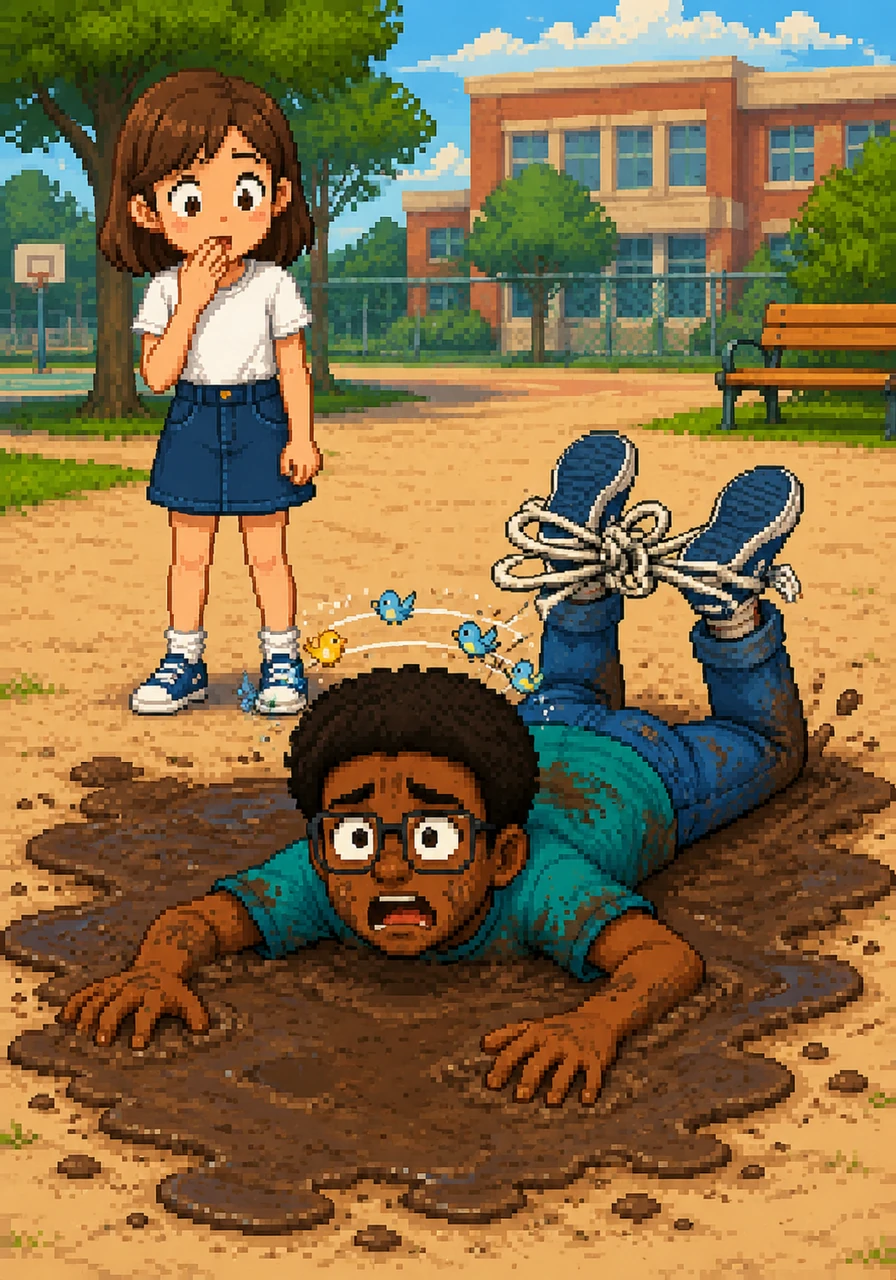 I started the day trying to look like a cool seventh grader, but my shoelaces had other plans. I tripped over them and face-planted right into a mud puddle, looking up to see Maya watching the whole thing with a look of pure confusion. The illustration captures the moment of impact, showing me sprawled in the mud with cartoon birds circling my head and my shoelaces tied together in a giant, loopy knot.