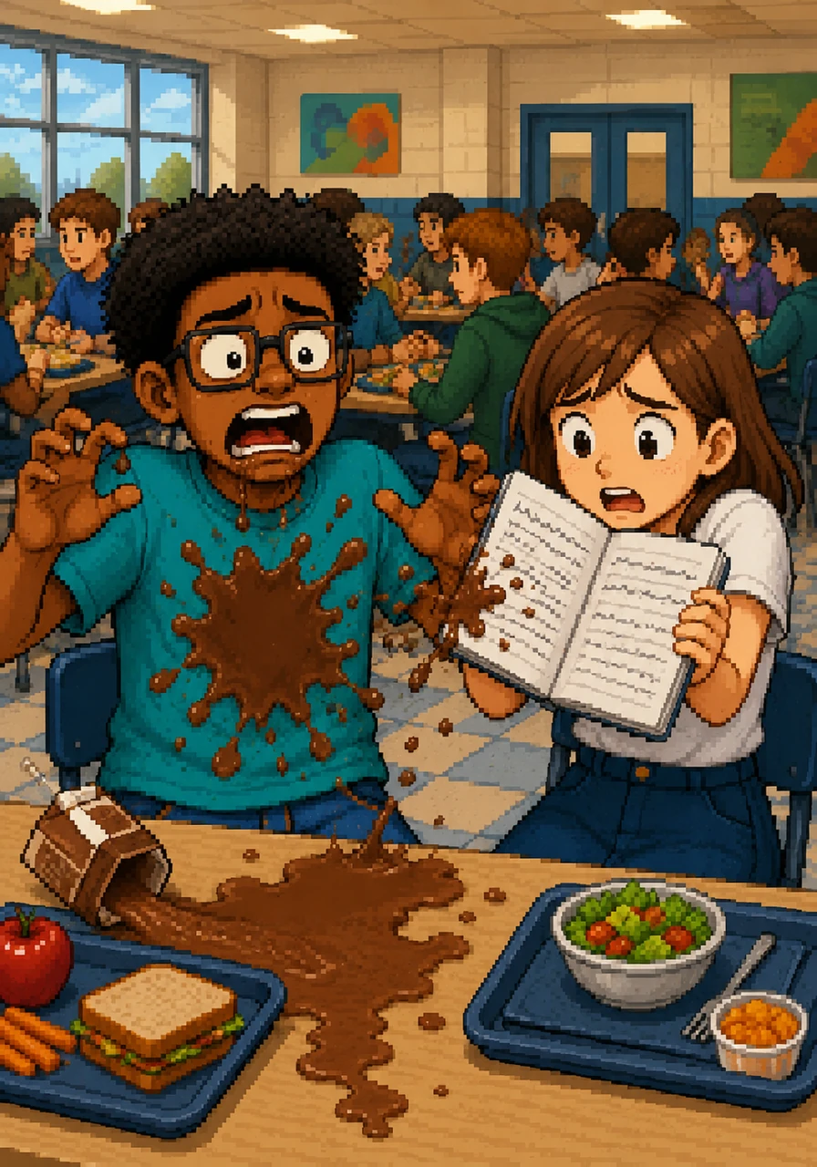 Sitting in the cafeteria, I frantically scribbled in my notebook while my best friend Marcus begged me to join the school play. Marcus was gesturing so wildly that he spilled his chocolate milk all over his own shirt, creating a massive brown stain. The drawing shows Marcus looking shocked with milk dripping off his chin, while I sit next to him trying to shield my notebook from the splash.