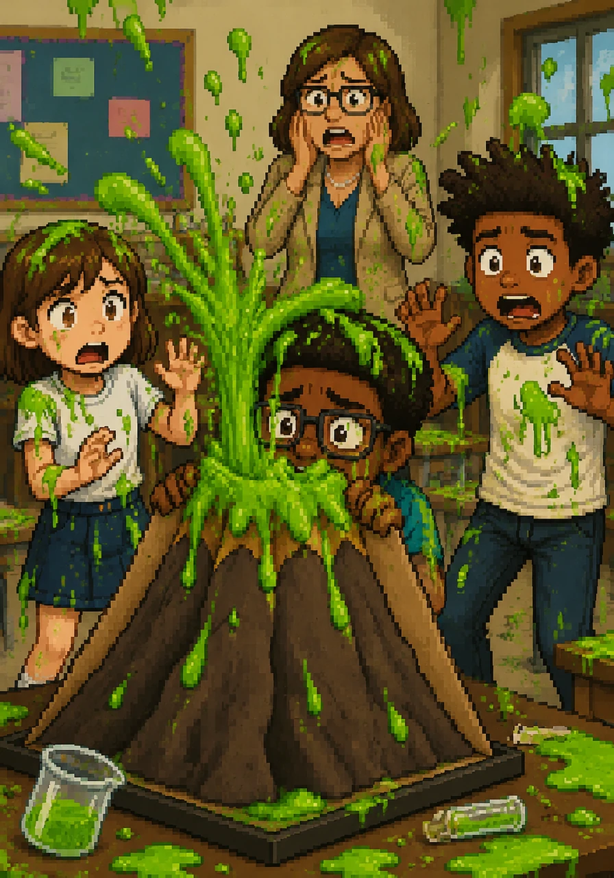 The science fair turned into an absolute disaster when my volcano experiment erupted with thick, neon green slime instead of red lava. The entire class was covered in goo, and the teacher looked horrified while I tried to hide behind a poster board. The illustration features me peeking out from behind a jagged cardboard volcano with green slime dripping off my glasses and hair.