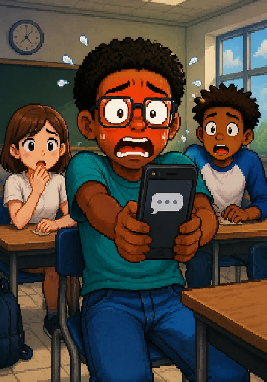I was so nervous that I accidentally sent a text saying I love you too to my math teacher instead of my crush. I stared at my phone in pure horror, watching the three dots appear as the teacher started typing a response, my face turning bright red. The drawing shows me with giant, wide eyes and sweat drops flying off my head, holding the phone away as if it were a ticking bomb.