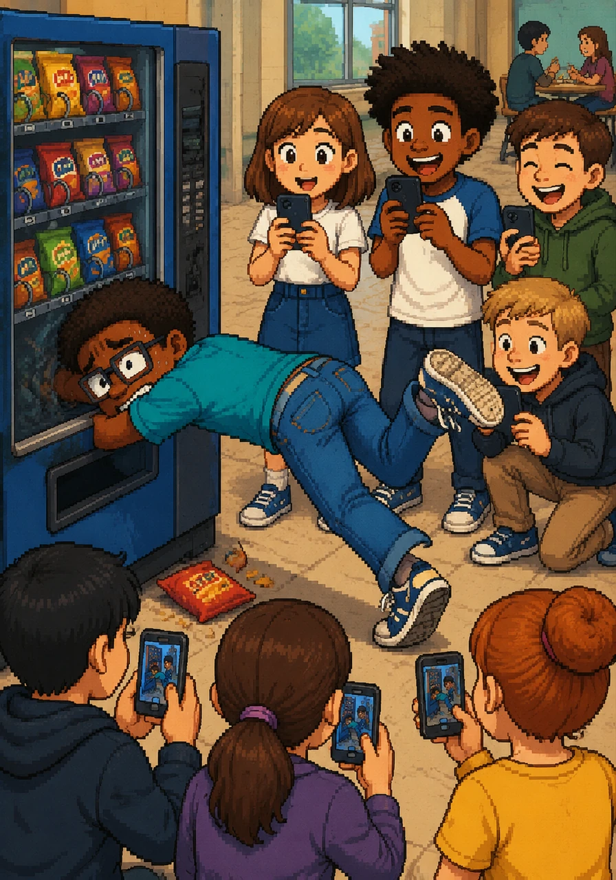 During lunch, I got my arm stuck inside the vending machine while trying to fish out a bag of stuck potato chips. My classmates gathered around, filming the struggle with their phones, while I tried to maintain some shred of dignity. The illustration depicts me bent over with my arm buried deep in the machine, my feet kicking in the air as a crowd of students watches with their phones raised.