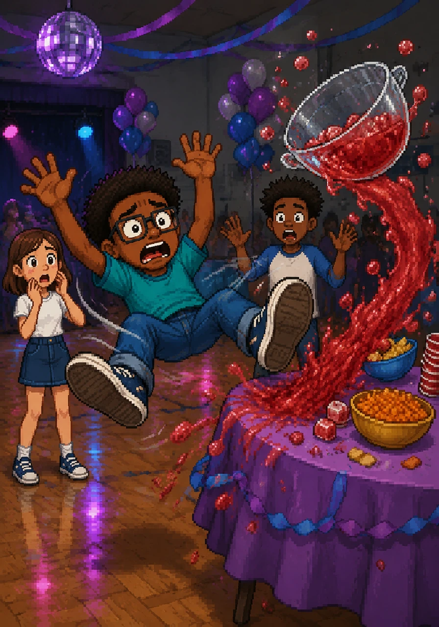 At the school dance, I attempted a cool slide across the floor to impress Maya, but I lost my balance and spun uncontrollably. I ended up crashing into the snack table, sending the punch bowl flying across the room in a tidal wave of red liquid. The drawing shows me mid-air, flailing my arms and legs, with the punch bowl floating in the opposite direction.