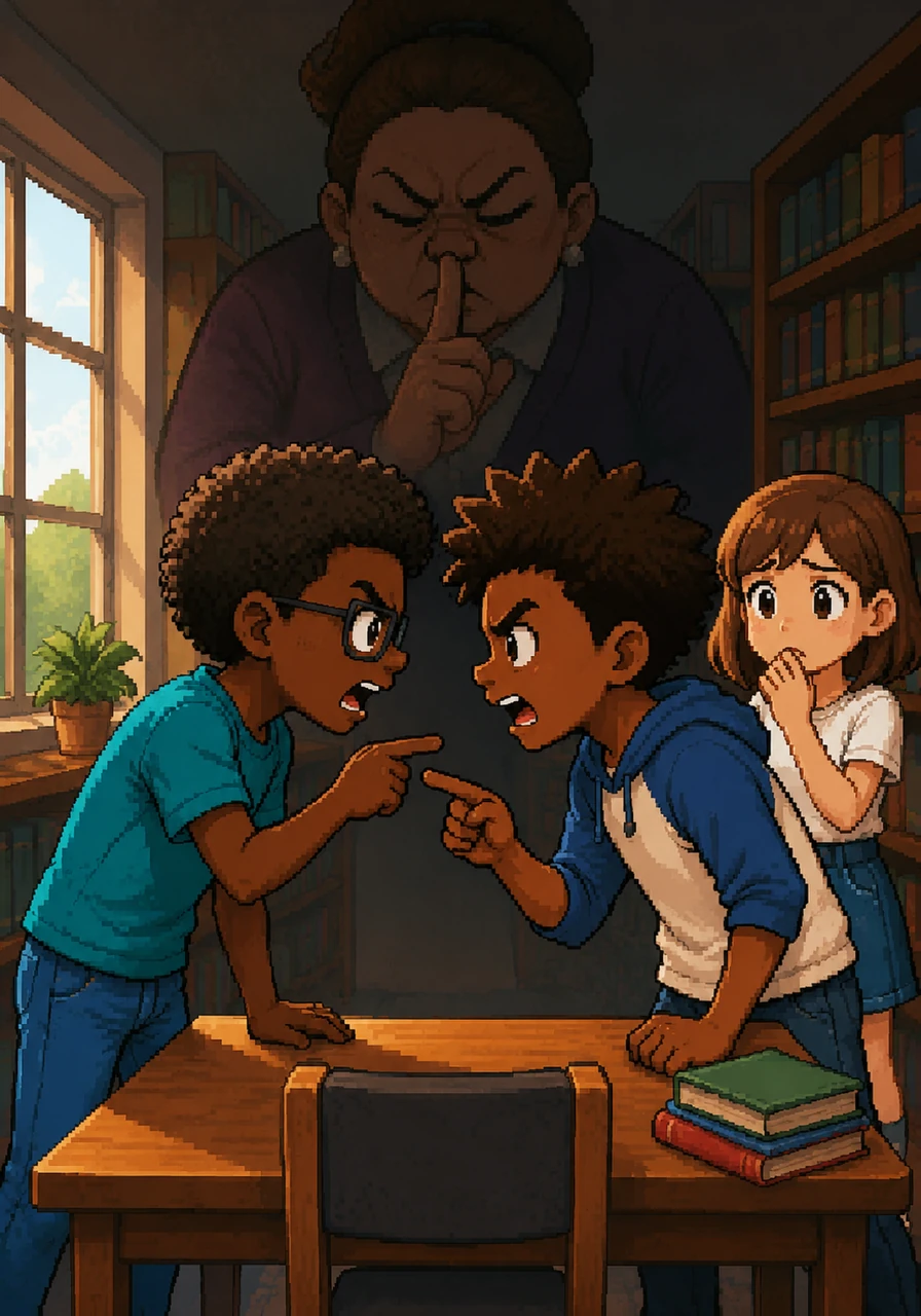 My nemesis, Tyler, and I had a heated standoff in the library over the last available seat near the window. We were whispering loudly at each other, creating a scene that forced the librarian to shush us with a terrifying, squinty-eyed glare. The illustration shows Tyler and me leaning in close, pointing fingers, while a giant, looming shadow of the librarian appears behind us.