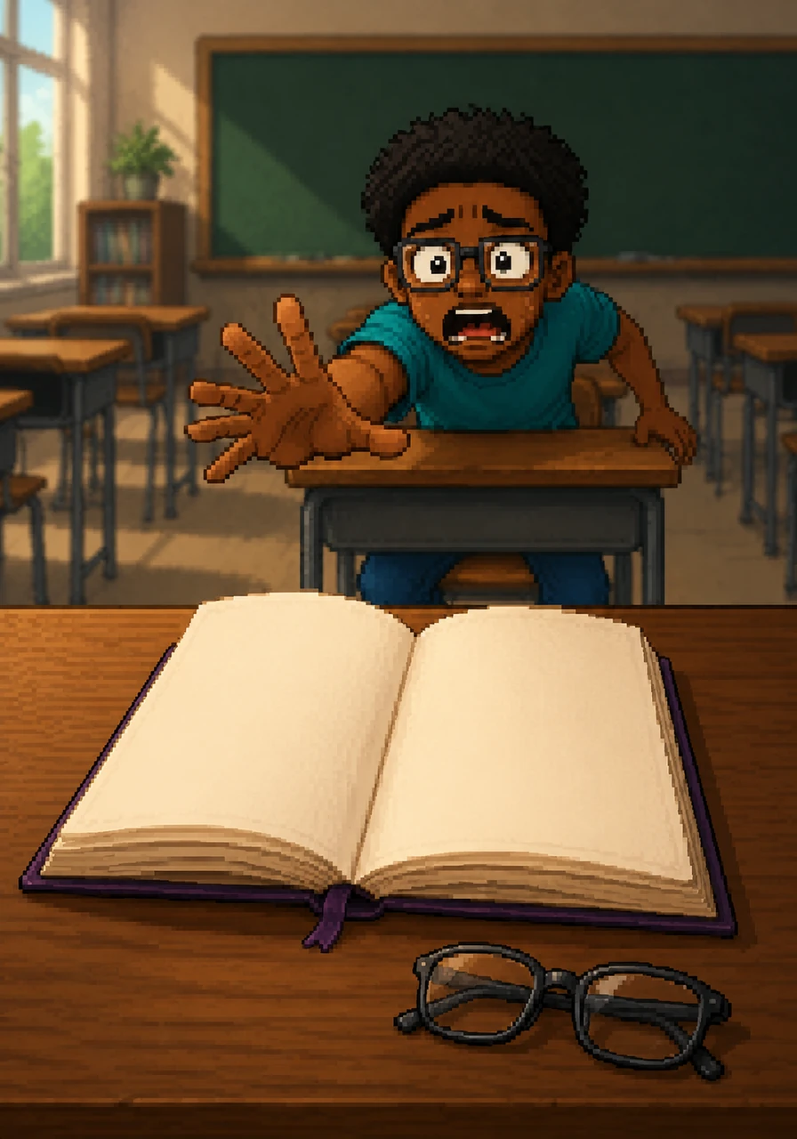 I realized with a jolt of panic that I left my diary wide open on the teacher's desk during class. I could only imagine the entire school reading my deepest secrets about my crush and my thoughts on the terrible cafeteria pizza. The drawing shows the diary sitting innocently on a desk with a pair of reading glasses next to it, while I am frantically trying to reach for it from across the room.