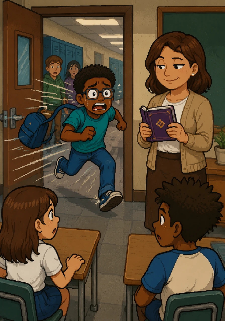 I sprinted through the hallway like an Olympic athlete, dodging students and lockers to reach the classroom before the teacher started reading my diary aloud. I burst through the door, chest heaving, only to find the teacher holding the book with a mysterious, knowing smile. The illustration captures my dramatic entrance, with motion lines trailing behind me and my backpack flying off one shoulder.