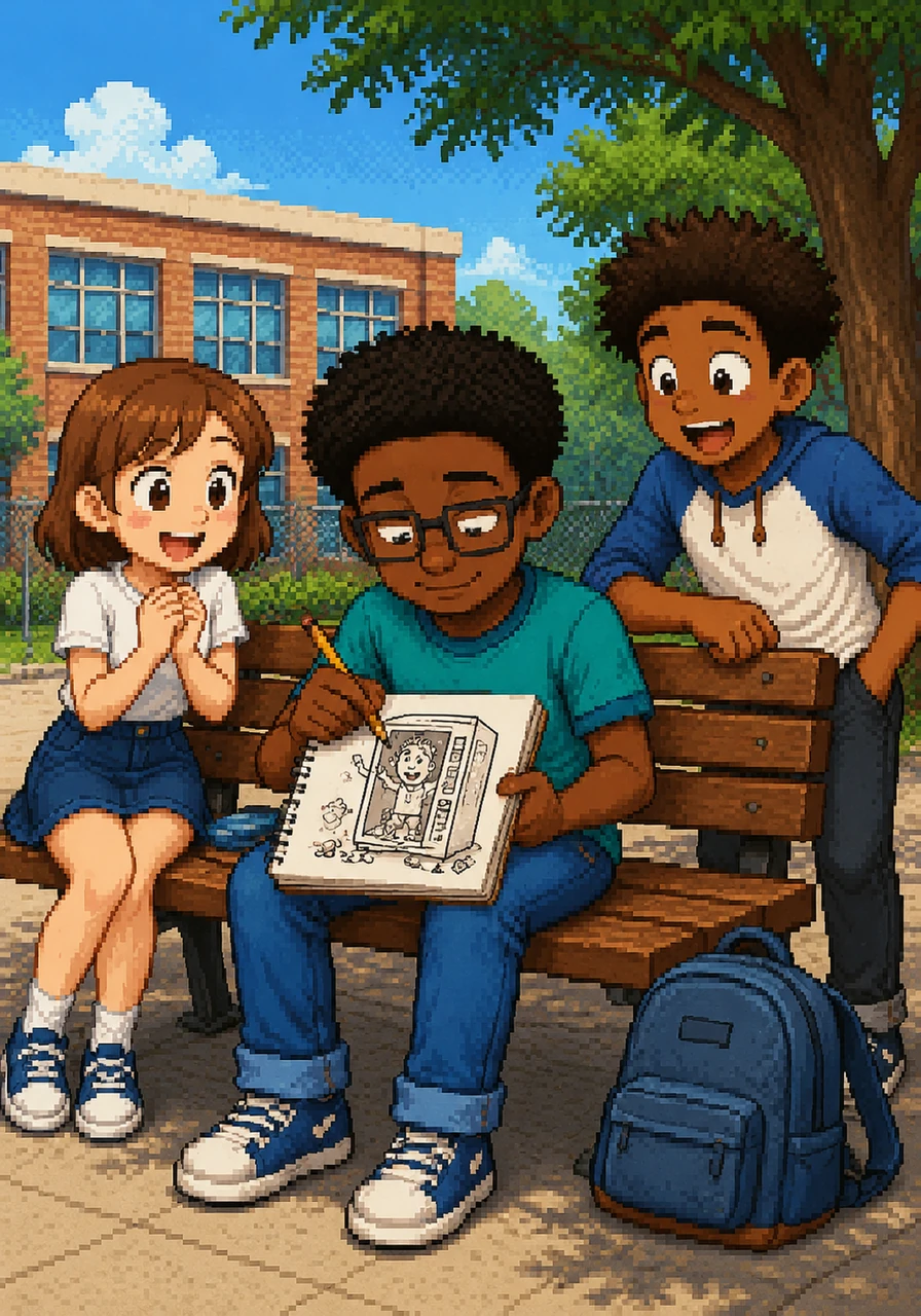 Standing in the school yard, I finally realized that even my most embarrassing moments make for the best stories. I sat on a bench, sketching a funny cartoon of myself stuck in the vending machine, and smiled at the chaotic, wonderful mess that is my life. The final drawing shows me sitting peacefully on a bench, happily drawing in my notebook, with a small, confident smile on my face.