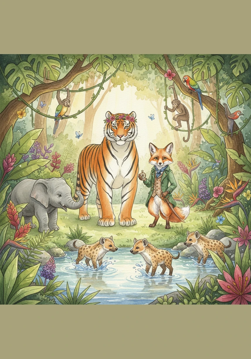 Queen Zara’s jungle is a paradise of vibrant greenery and sparkling streams where every creature lives in perfect harmony. Peace is not just a rule here; it is a feeling that lives deep within the hearts of every animal, from the smallest insect to the largest elephant.