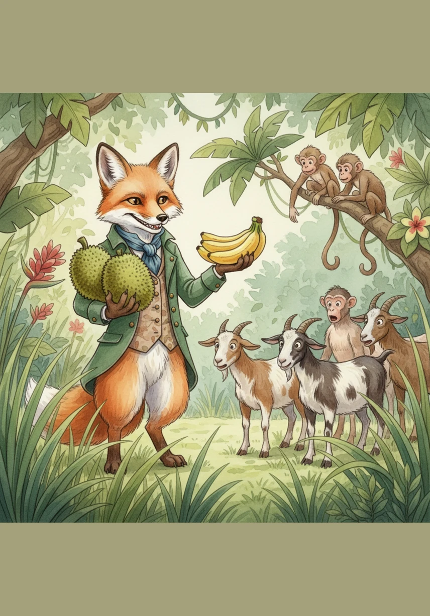 The fox hides in the tall grass, observing the habits of the goats and monkeys who live in the jungle. He approaches them with a sly grin, showing the goats succulent jackfruits and the monkeys bundles of ripe, yellow bananas, promising them a life of endless feasting.