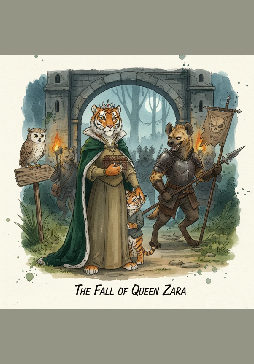 Influenced by the fox's lies and the promise of easy riches, the goats and monkeys turn against their noble protector. Through a series of clever tricks and loud protests, they force a heartbroken Queen Zara to leave her home and walk into the lonely wilderness.