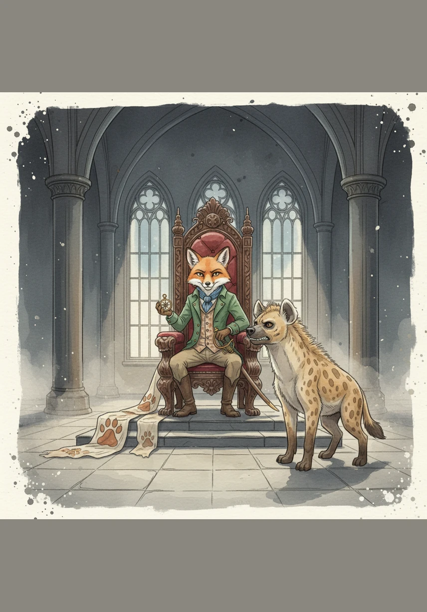 With the tigress gone, the fox takes his throne and reveals his true nature to those who helped him. Instead of the promised feast, he gives the goats two tiny, thin fibers of jackfruit and tosses empty, bitter banana peels to the disappointed monkeys.