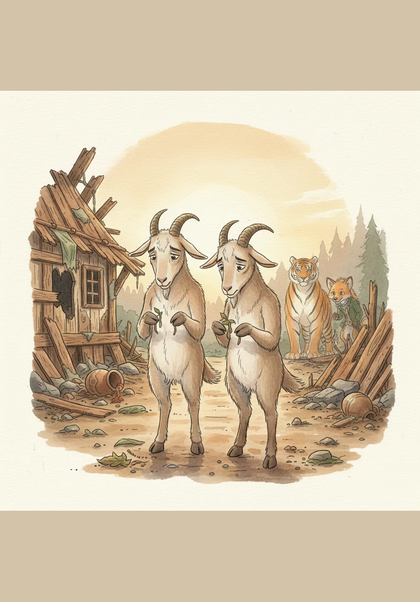 The goats look at the meager scraps in their hooves, finally realizing they have lost everything they once cherished. Yet, they stand in the fading light of their once-beautiful home, refusing to admit they were fooled, for to admit the truth would be to admit they were only ever goats.