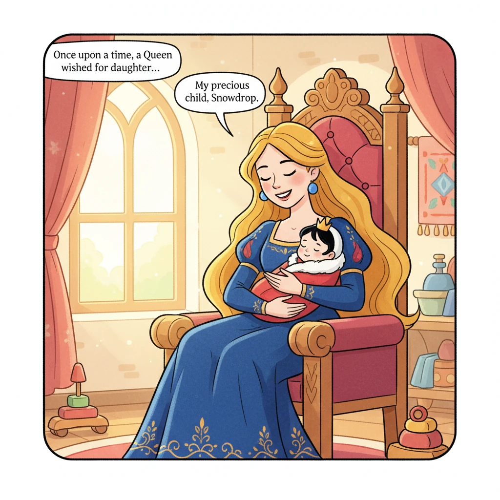 Once upon a time, a kind Queen wished for a child with skin as white as snow, lips as red as blood, and hair as black as ebony. Her wish came true, an