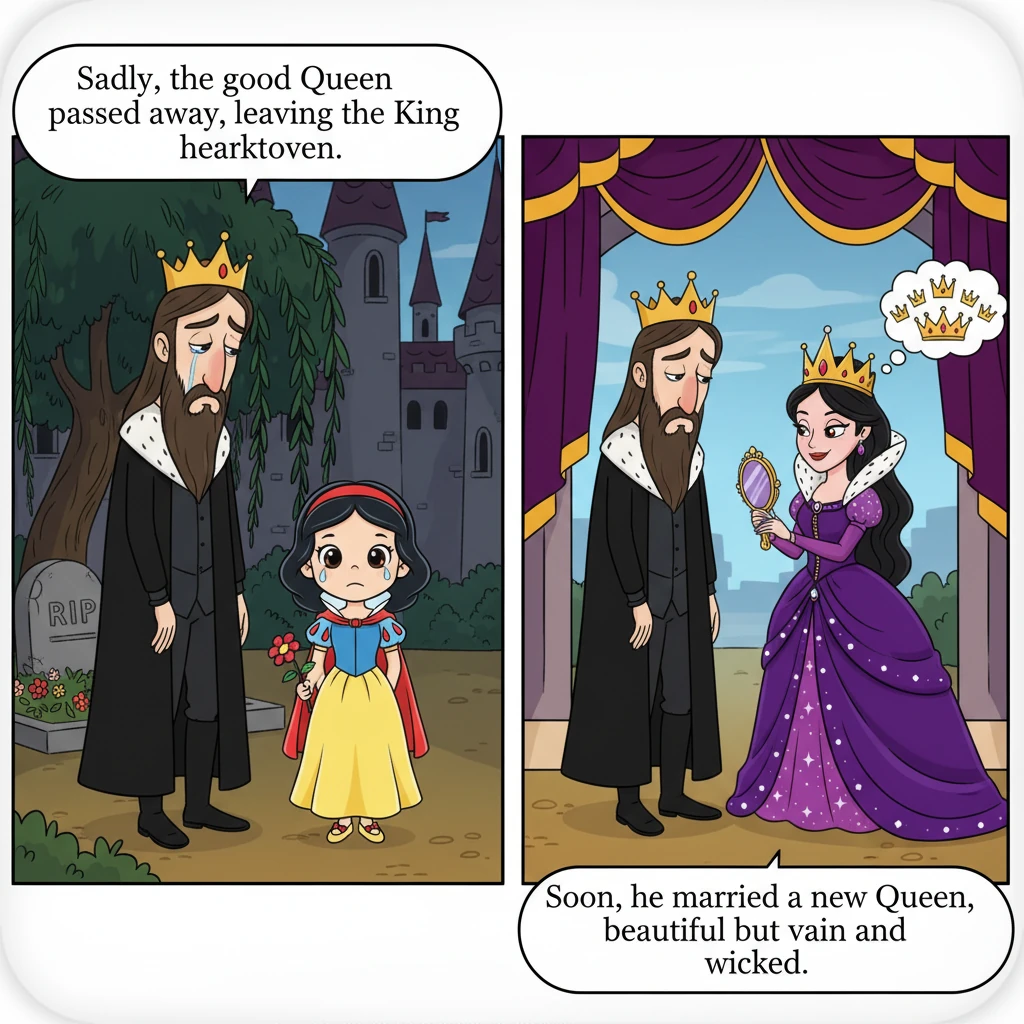 Sadly, the good Queen passed away, leaving the King heartbroken. Soon after, the King married a new Queen, who was beautiful but vain and wicked.